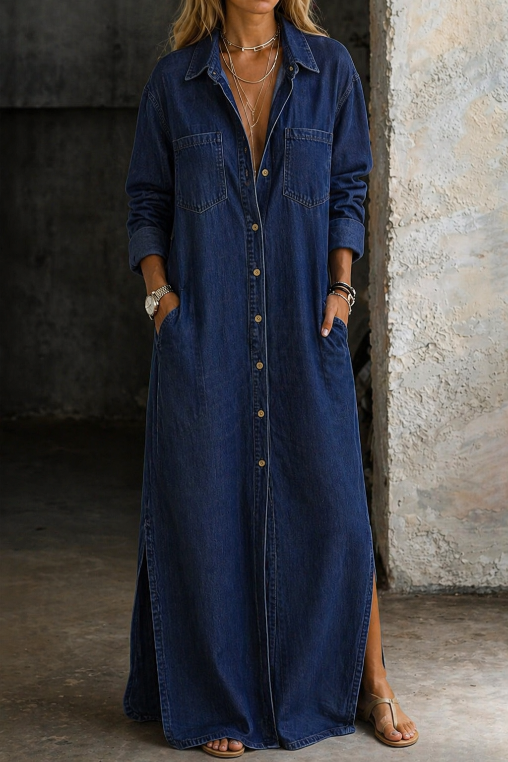 Button Front Collared Long Sleeve Denim Maxi Shirt Dress 3