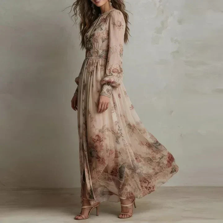 Floral Print Mock Neck Long Puff Sleeve Flowy Maxi Dress 2