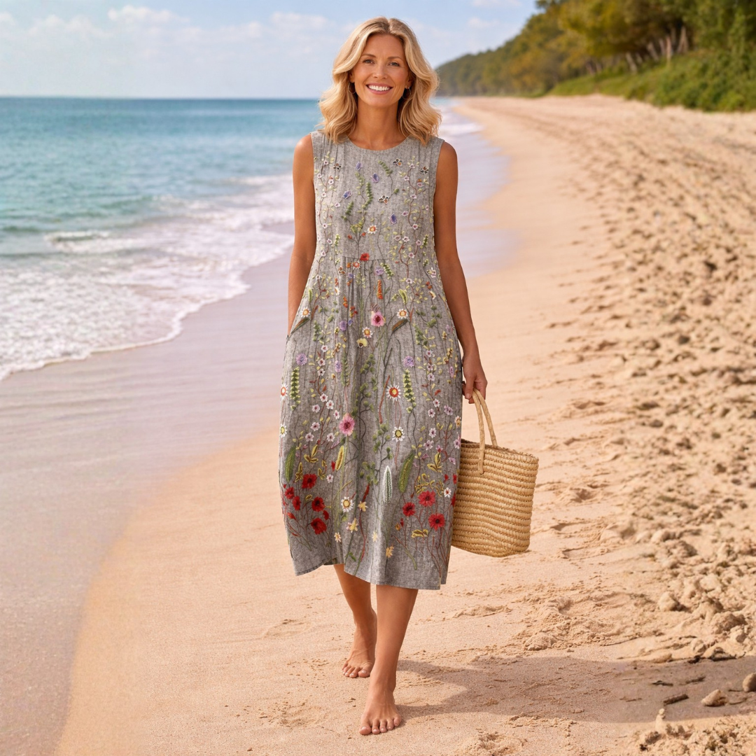 Wildflower Print Crew Neck Sleeveless Pocket Midi Dress 2