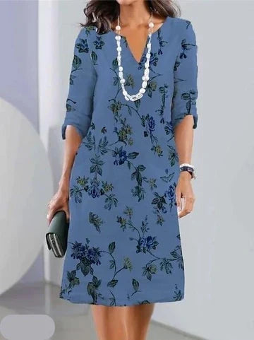 Floral Print Notch Neck Roll Tab Sleeve Shift Dress