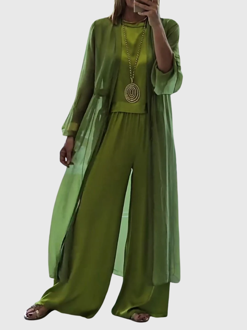 Sheer Longline Duster Tank Top and Wide Leg Pants Three Piece Set 2