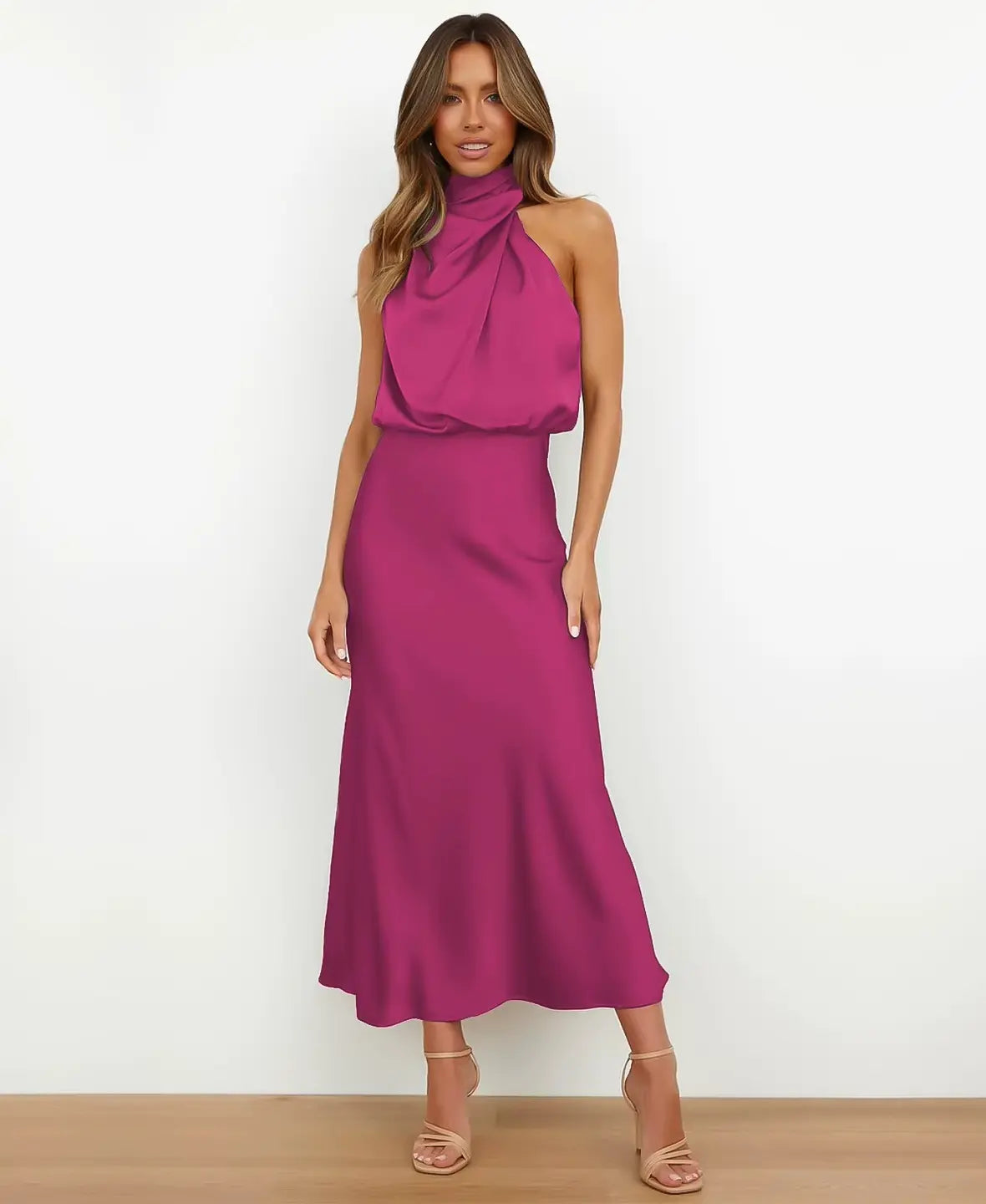 Satin Halter Neck Draped Cowl Bias Midi Dress 10