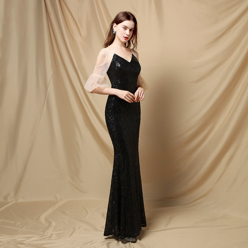 Sequin V-Neck Sheer Puff Sleeve Mermaid Maxi Gown 9