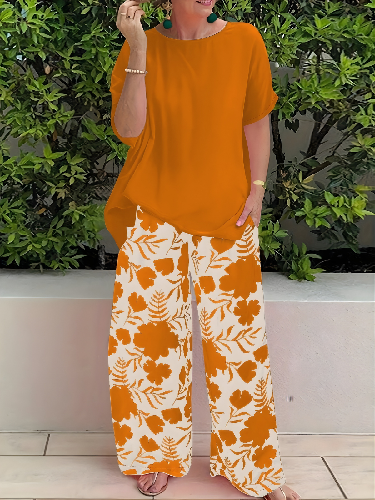 Round Neck Top and Floral Wide Leg Pants Two Piece Set 2