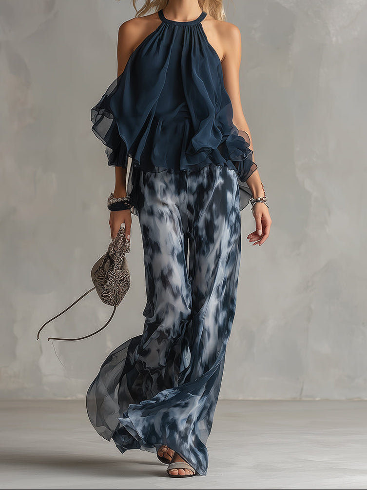 Halter Neck Ruffle Top and Tie Dye Wide Leg Pants Two Piece Set 2