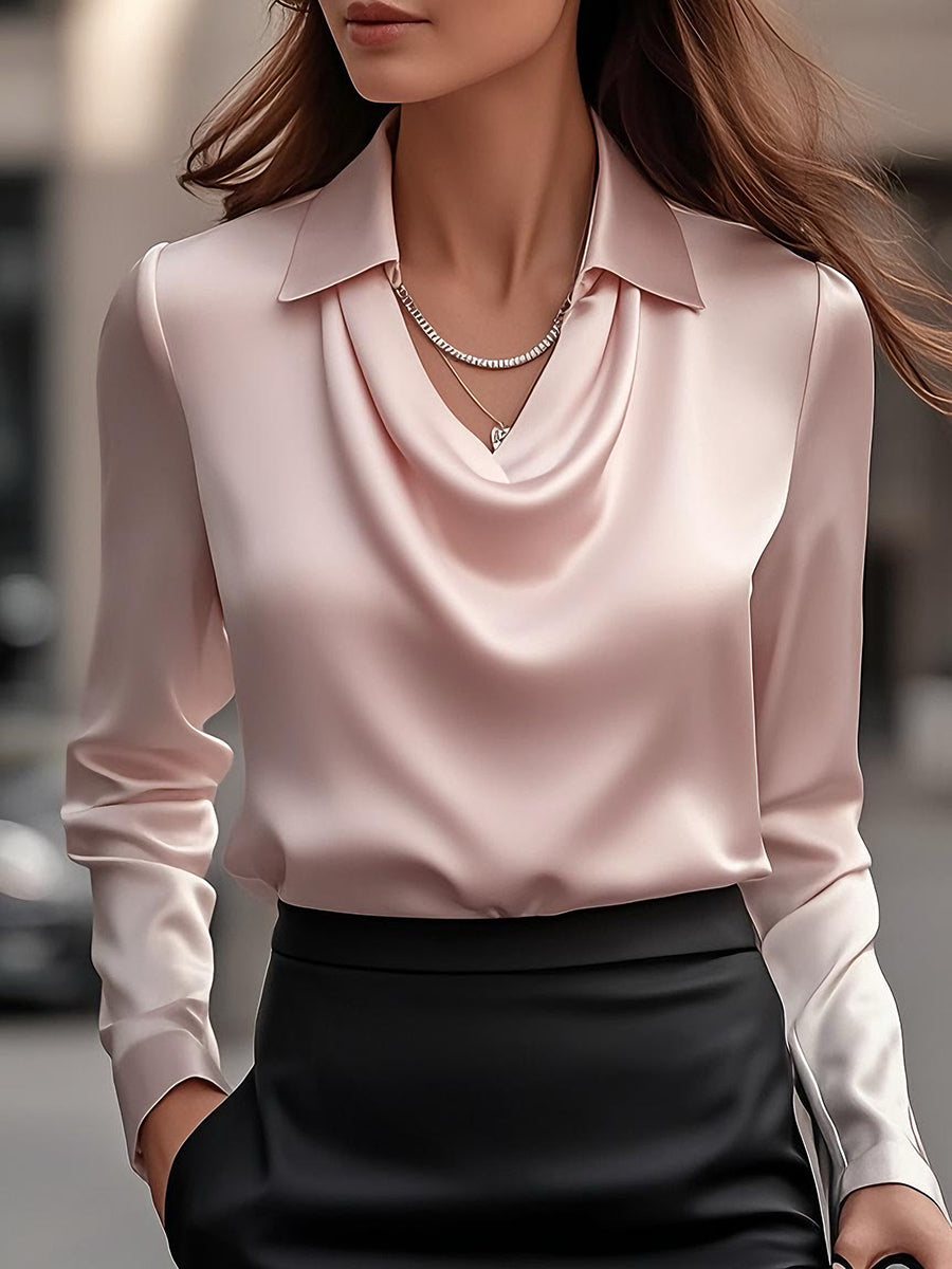 Satin Cowl Neck Collared Long Sleeve Blouse 14