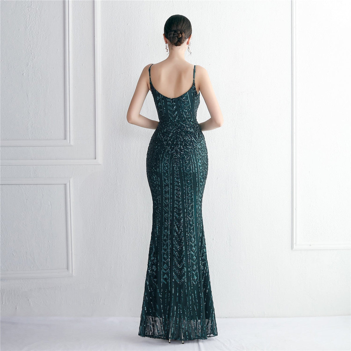 Sequin Geometric Spaghetti Strap V-Neck Mermaid Maxi Gown 3