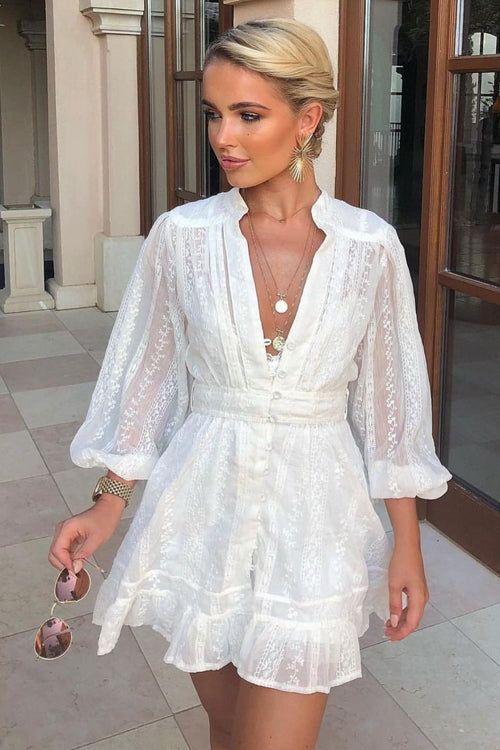 Crochet Lace Long Sleeve V-Neck Mini Dress