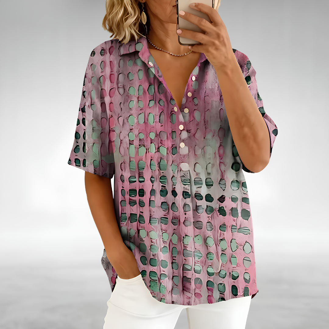 Abstract Print Collared Button Front Short Sleeve Blouse 2