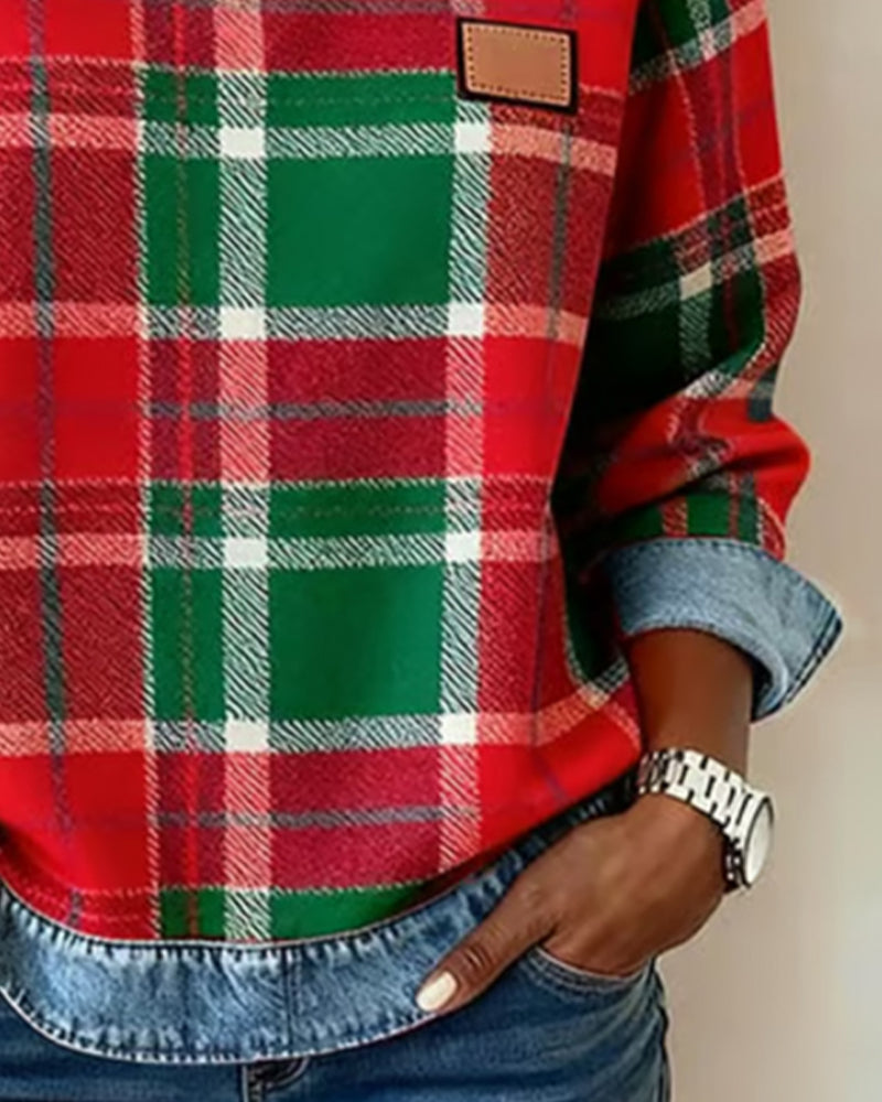 Crew Neck Plaid Denim Contrast Long Sleeve Sweatshirt 5