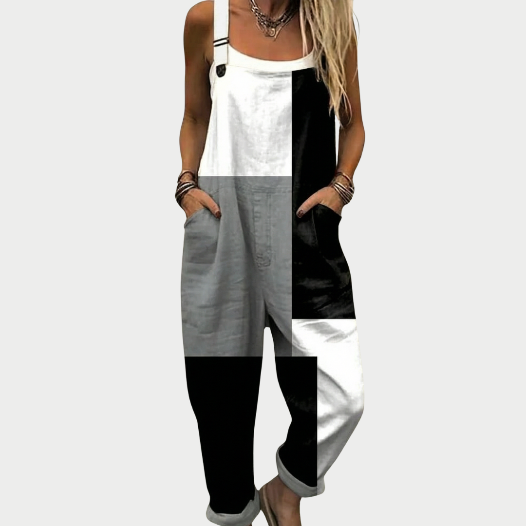 Colour Block Print Pocket Wide Leg Overall Jumpsuit