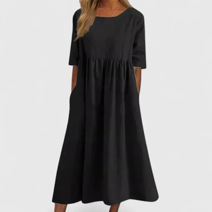 Round Neck Half Sleeve Pocket Smock Midi Dress 7