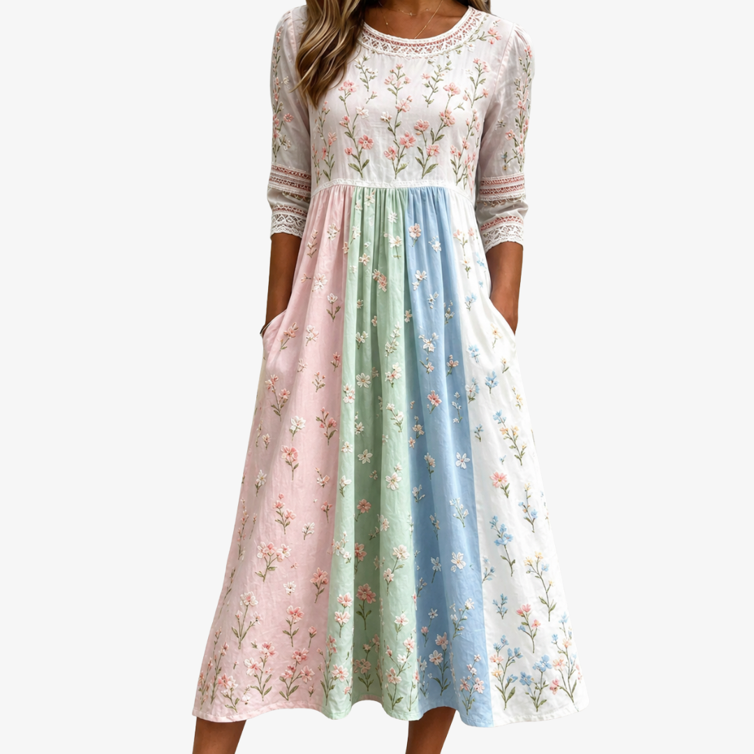 Floral Patchwork Lace Trim Round Neck Pocket Midi Dress