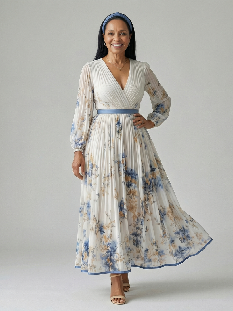 Floral V-Neck Long Sleeve Pleated Belted Maxi Dress 2