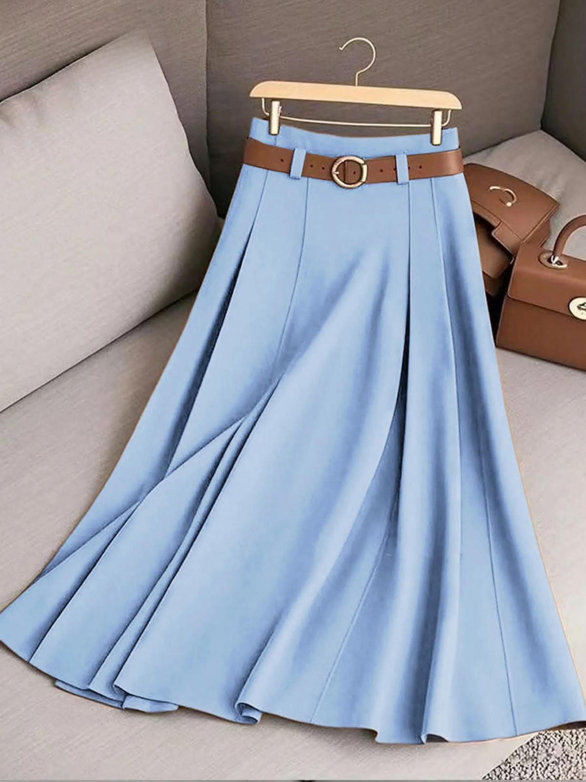 High Waist Belted Pleated A-Line Midi Skirt 3