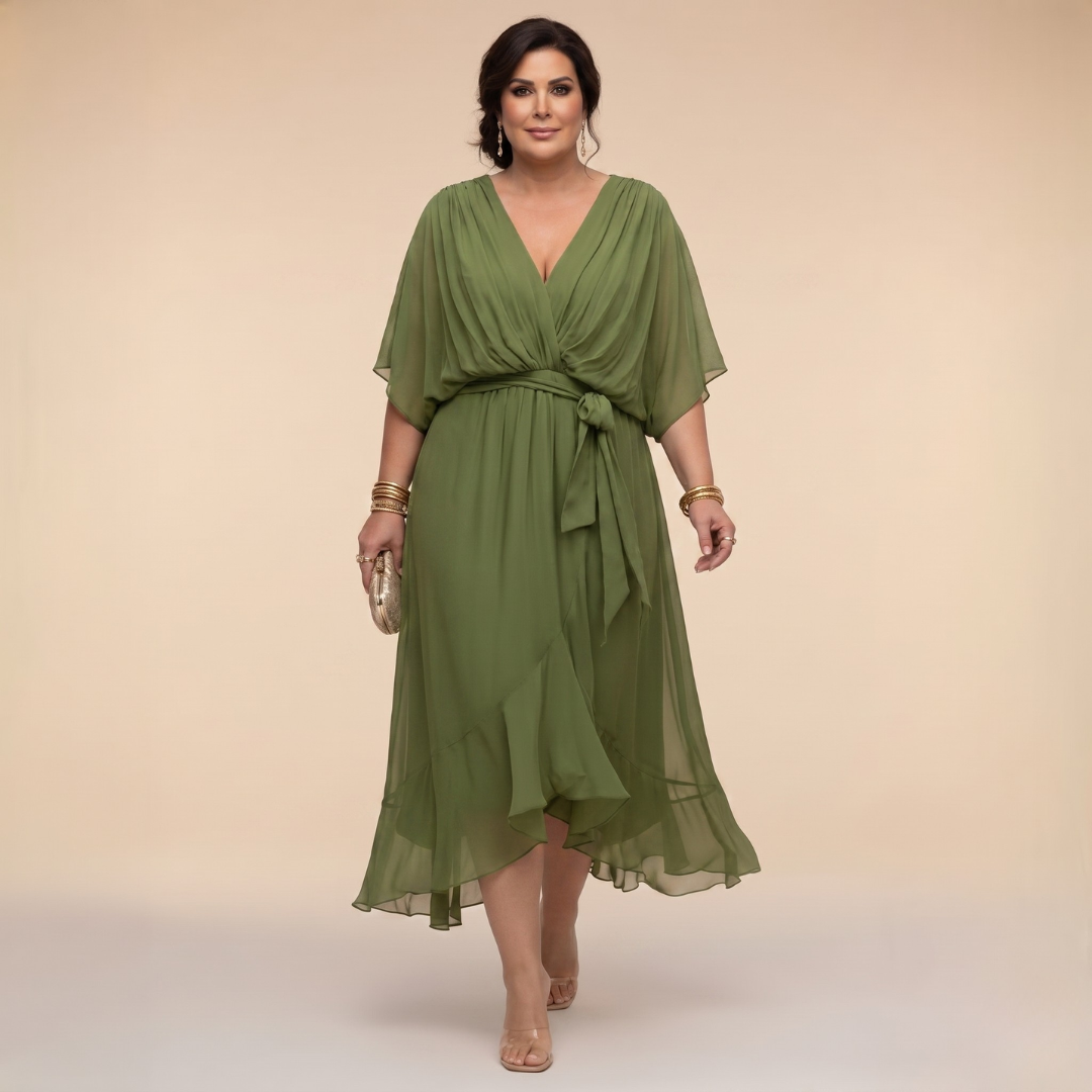 Deep V-Neck Flutter Sleeve Wrap Belted High Low Midi Dress