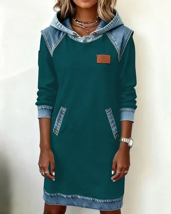 Hooded Denim Contrast Long Sleeve Sweatshirt Dress 8
