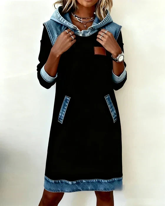 Hooded Denim Contrast Long Sleeve Sweatshirt Dress 6