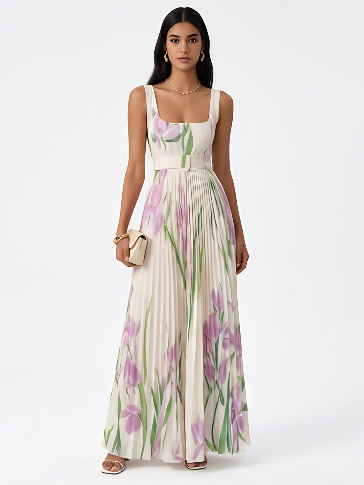 Floral Print Square Neck Belted Pleated Maxi Dress 2