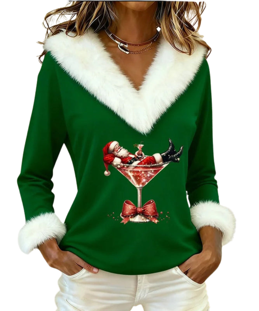 Faux Fur Trim V-Neck Santa Print Long Sleeve Holiday Top 2