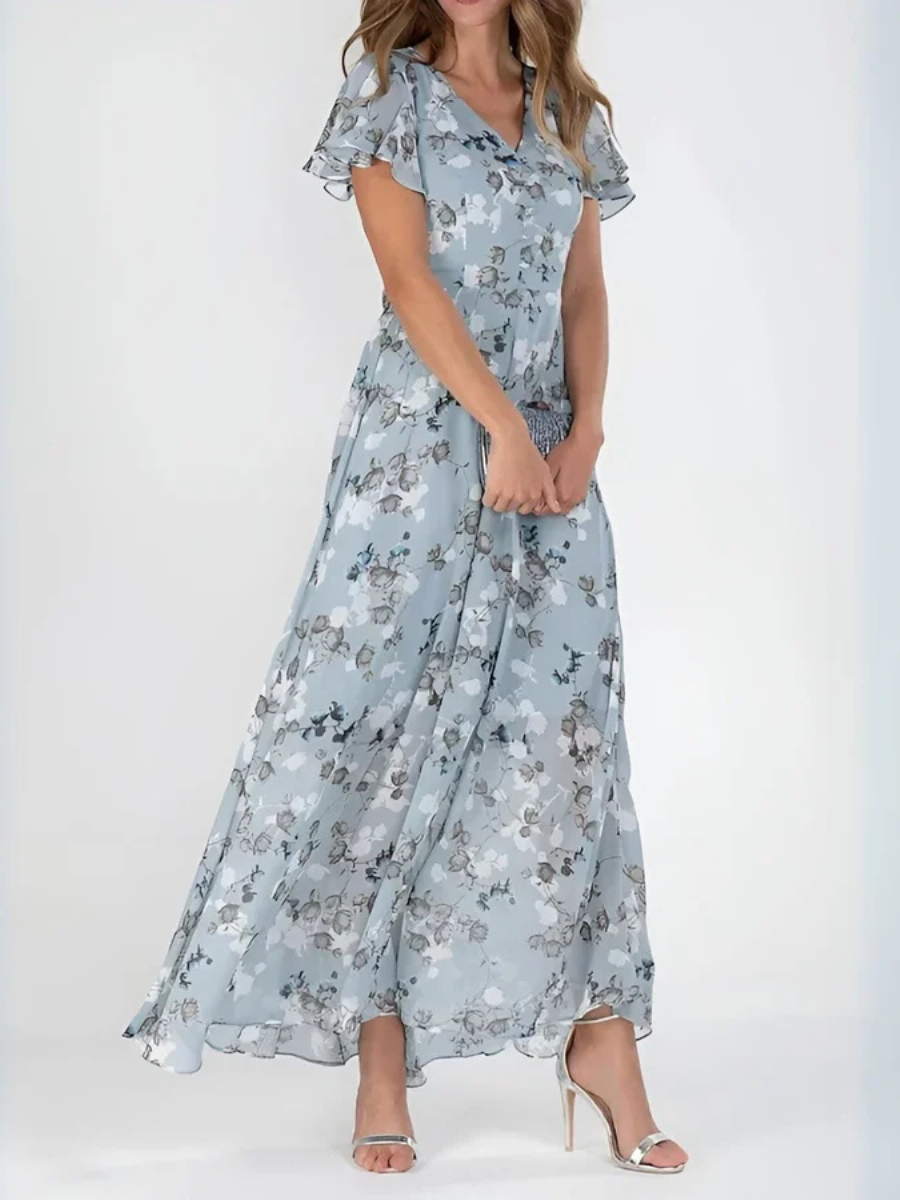 Floral V-Neck Flutter Sleeve Maxi Dress 2