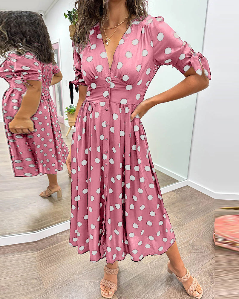 Polka Dot Deep V-Neck Button Front Puff Sleeve Tie Cuff Midi Dress - View 15
