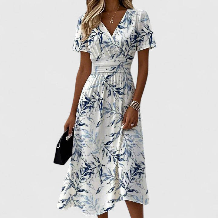 Floral Print V-Neck Short Sleeve A-Line Midi Dress 2