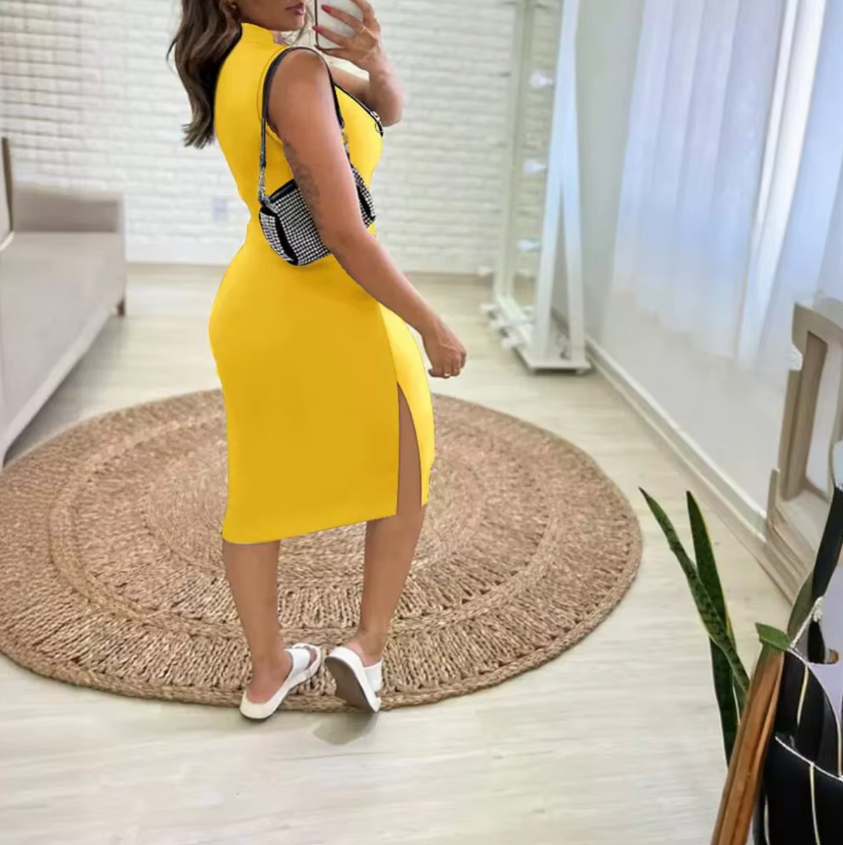 Sleeveless Ribbed Mock Neck Quarter Zip Bodycon High Split Midi Dress - View 2