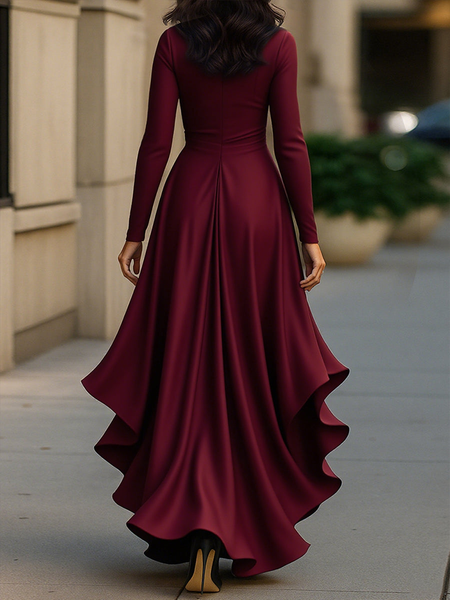 Satin Wrap V-Neck Long Sleeve Ruffle High Low Maxi Dress 8