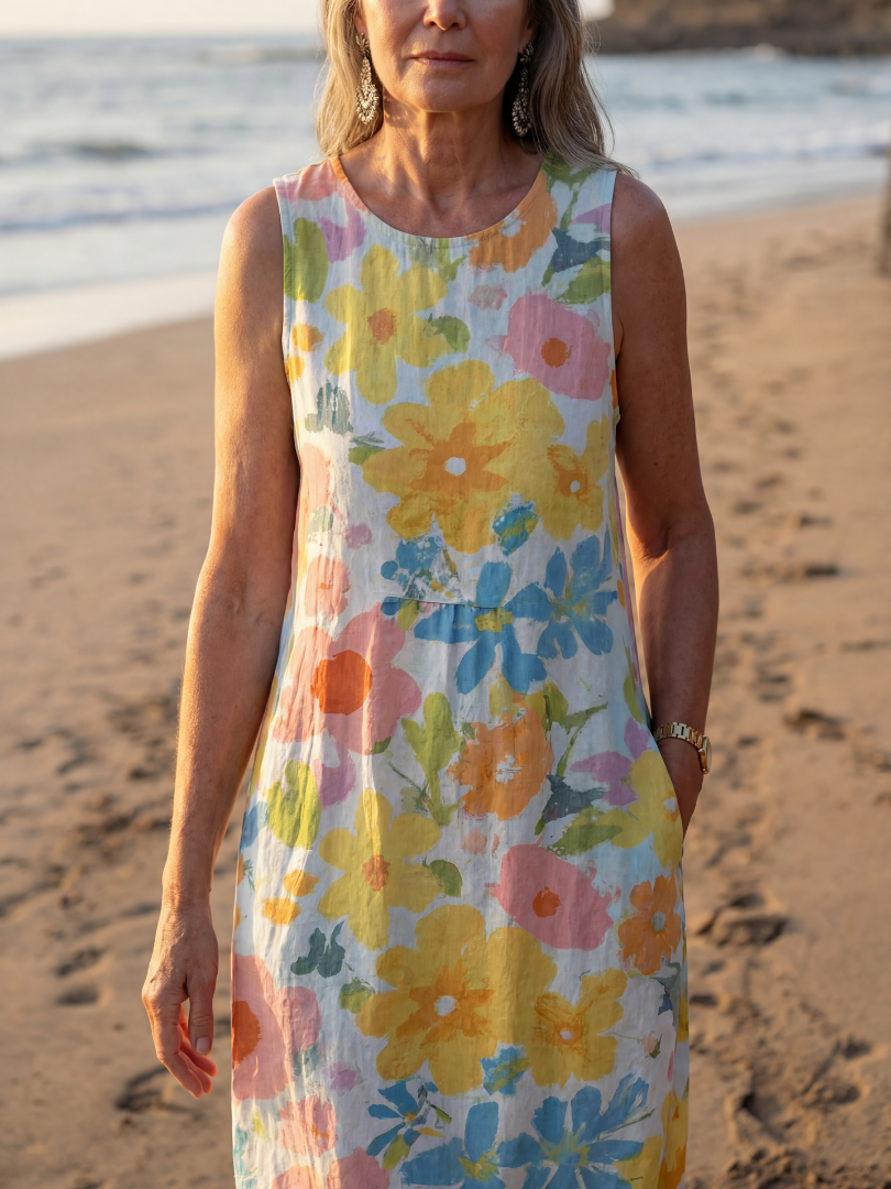 Watercolor Floral Sleeveless Midi Dress