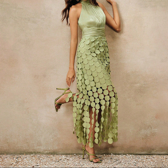 Halter Neck Ruched Disc Cut Out Fringe Hem Maxi Dress 2
