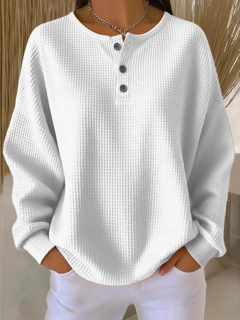 Waffle Knit Button Placket Long Sleeve Henley Top 3