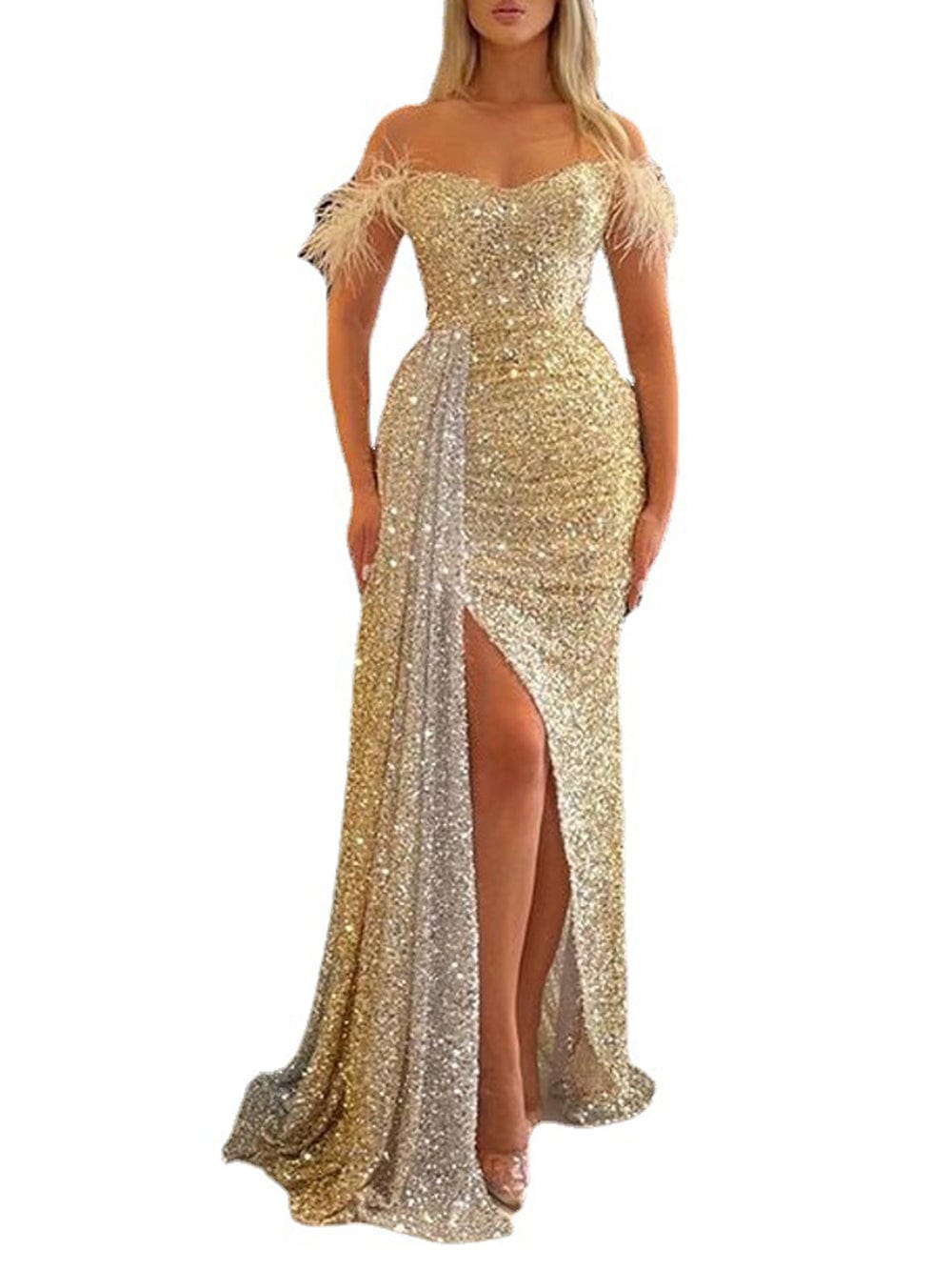 Amira Off Shoulder Feather Backless Maxi Dress