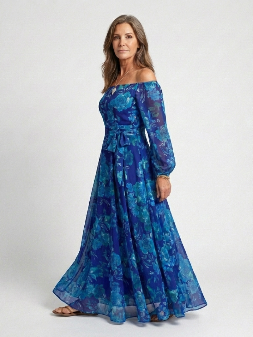 Floral Off Shoulder Long Sleeve Belted Maxi Dress 2