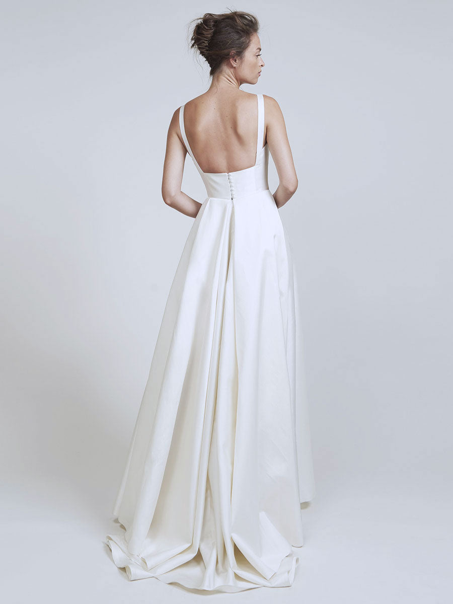 Satin Square Neck Wide Strap Sleeveless Tiered Floor Length Gown - View 4