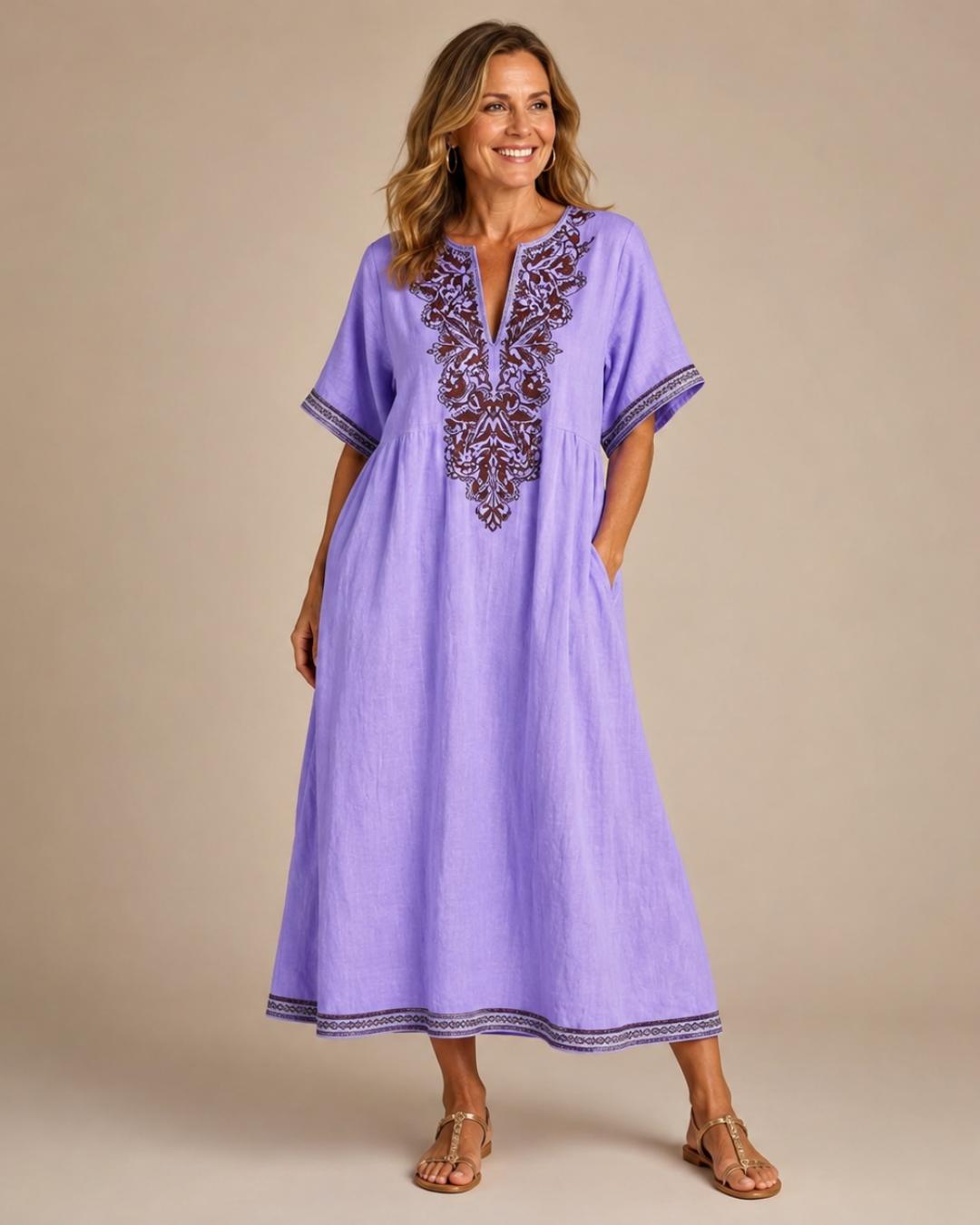 Floral Embroidery Notch Neck Short Sleeve Linen Look Kaftan Maxi Dress