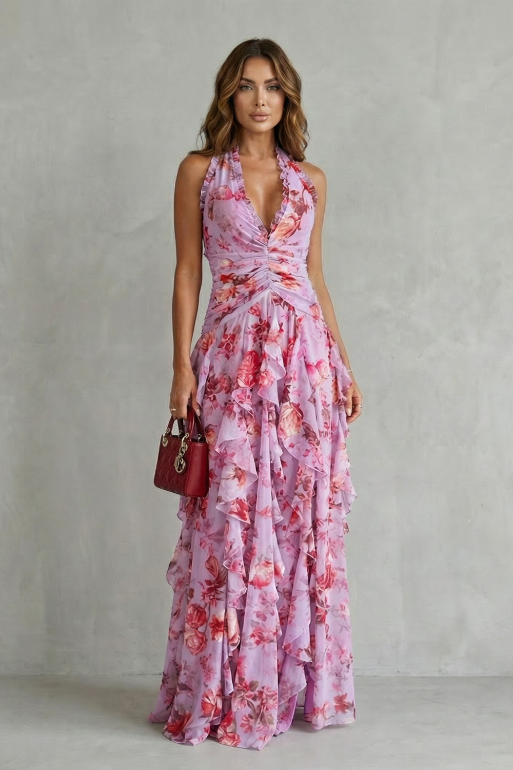 Floral Print Halter Neck Ruffle Tiered Maxi Dress 3