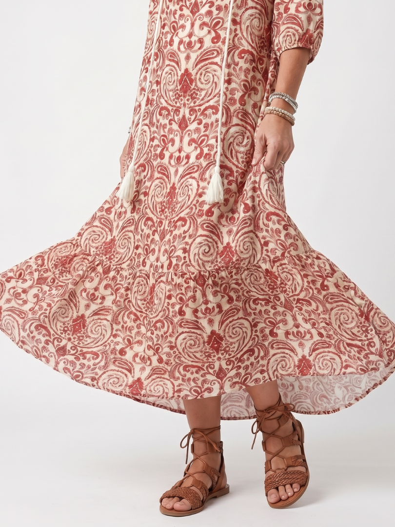 Damask Print Tassel Tie Tiered Maxi Dress 3