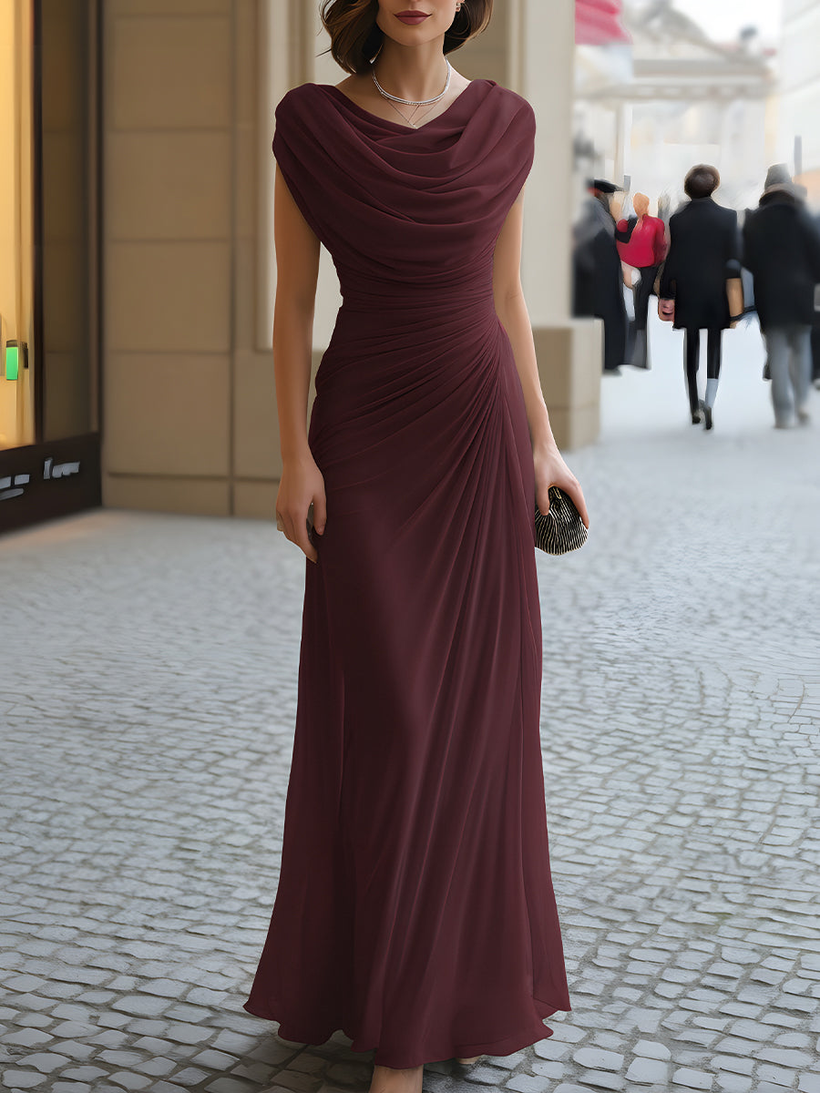Cowl Neck Cap Sleeve Draped Chiffon Maxi Gown 6