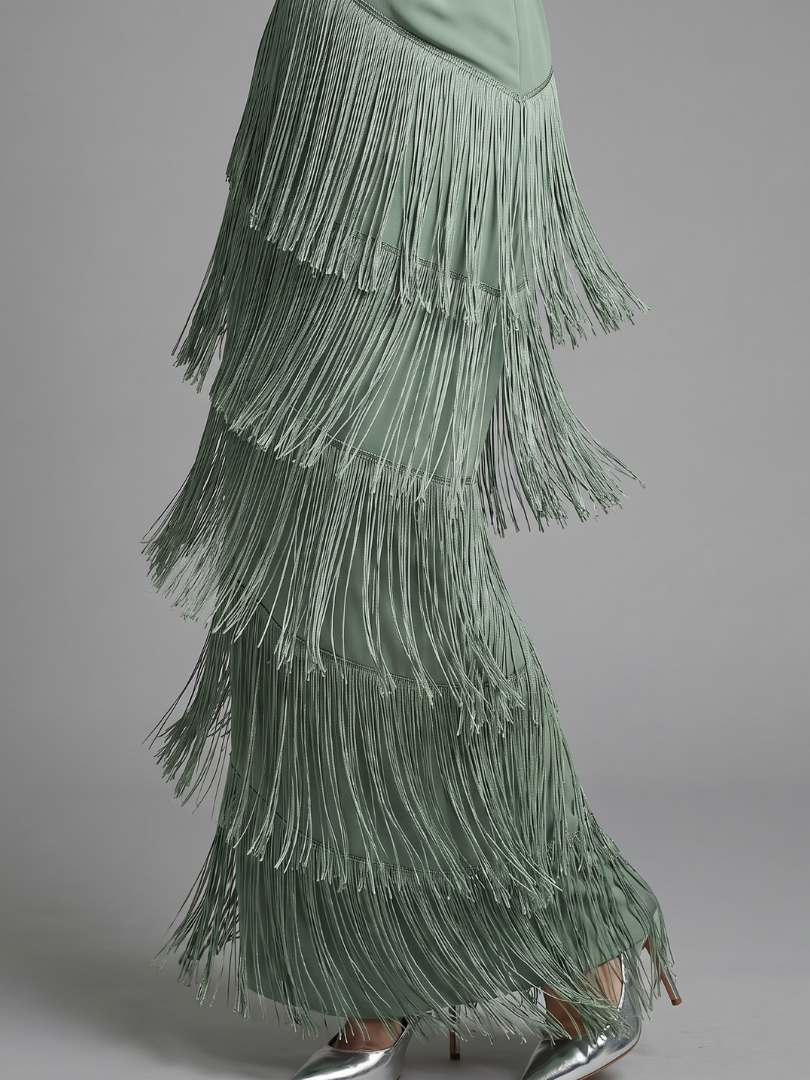 Deep V-Neck Long Sleeve Tiered Fringe Maxi Dress 3