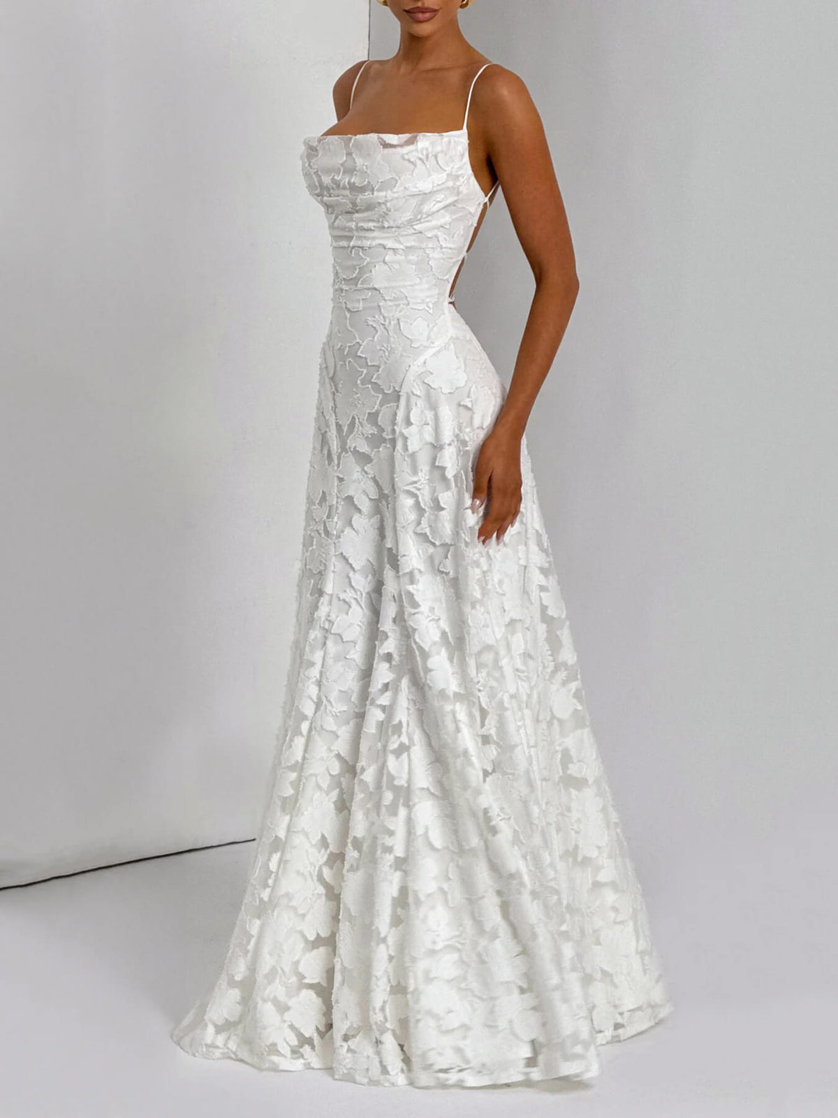 Floral Applique Spaghetti Strap Sleeveless A-Line Maxi Dress - View 3
