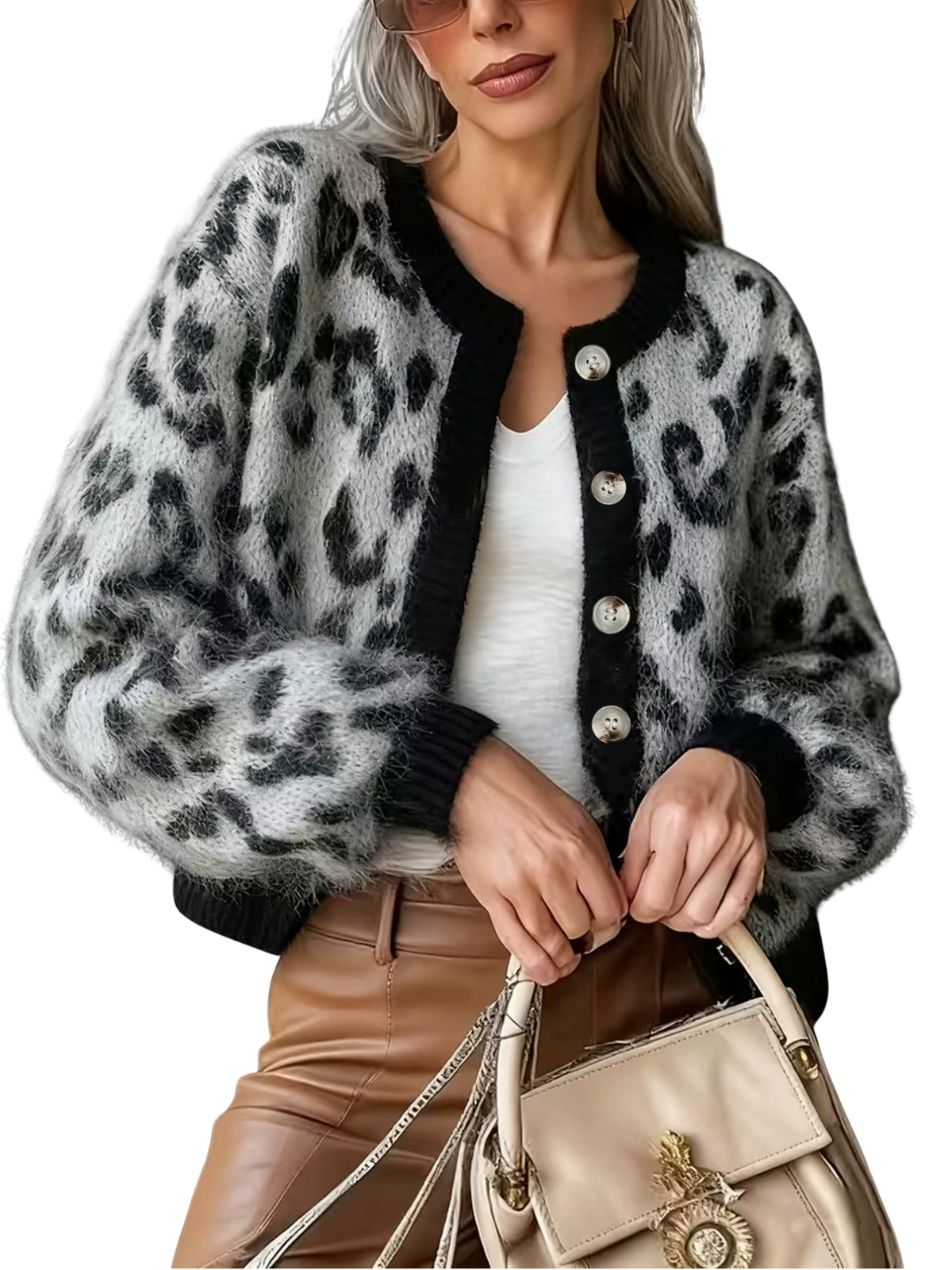 Leopard Print Crew Neck Button Front Fuzzy Knit Cardigan 2