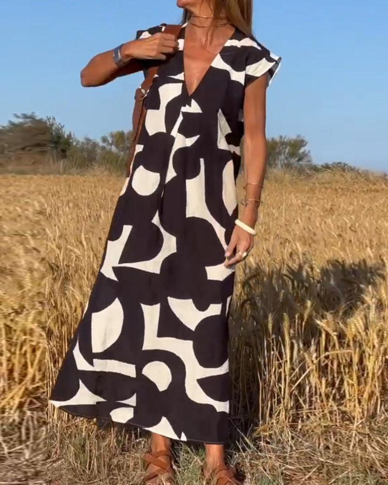 Abstract Print V-Neck Cap Sleeve Oversized Maxi Dress 3