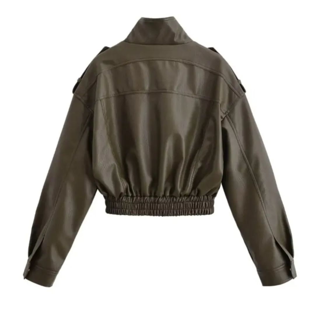 Stand Collar Zip Front Faux Leather Cropped Bomber Jacket 3