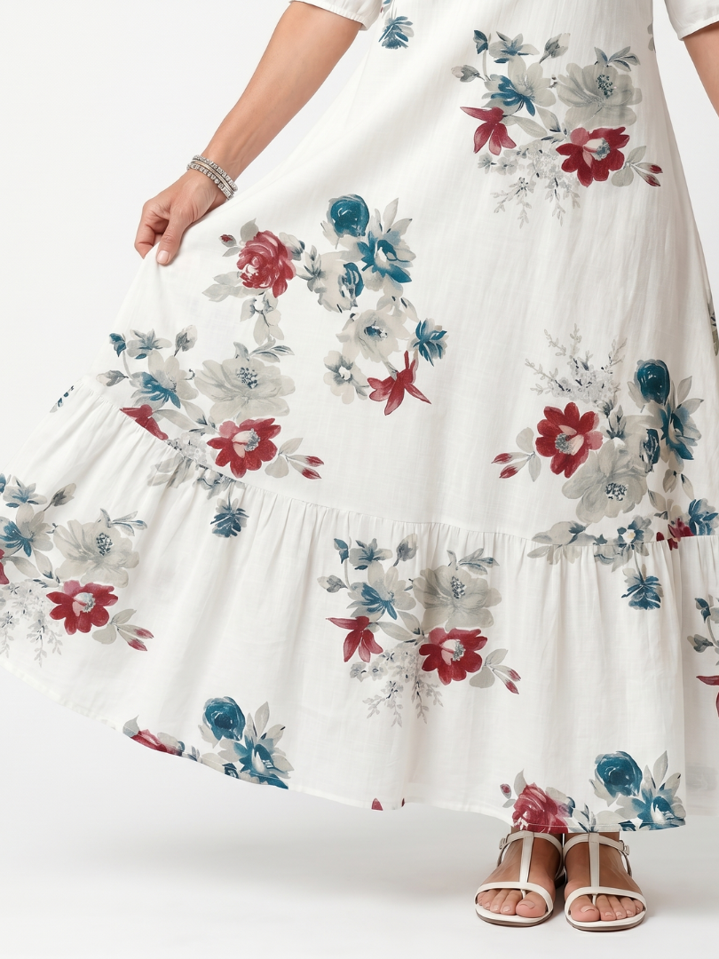 Floral V-Neck Tie Neck Short Sleeve Tiered Maxi Dress 3