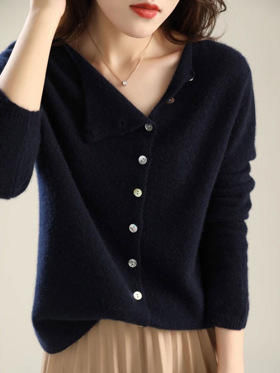 Fold Over Collar Button Front Knit Cardigan 12