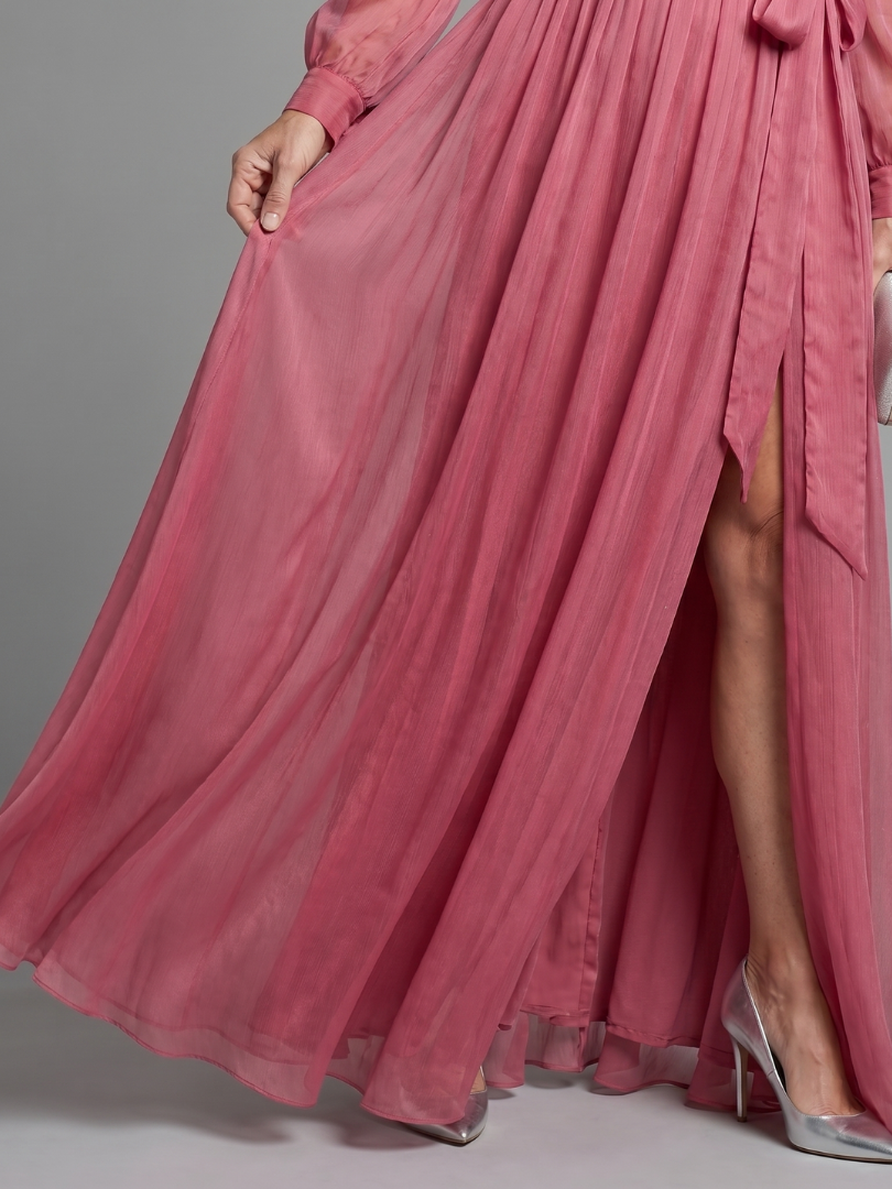 V-Neck Long Sleeve High Split Belted Satin Maxi Dress 3