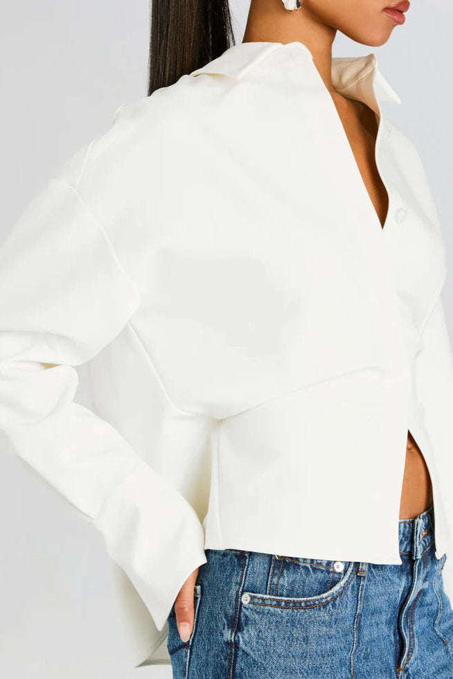 Collared Long Sleeve Corset Waist Cropped Shirt 2