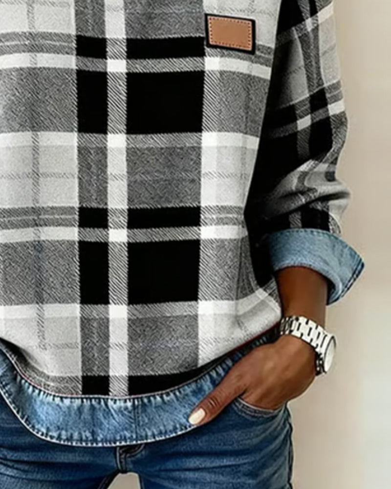 Crew Neck Plaid Denim Contrast Long Sleeve Sweatshirt 8