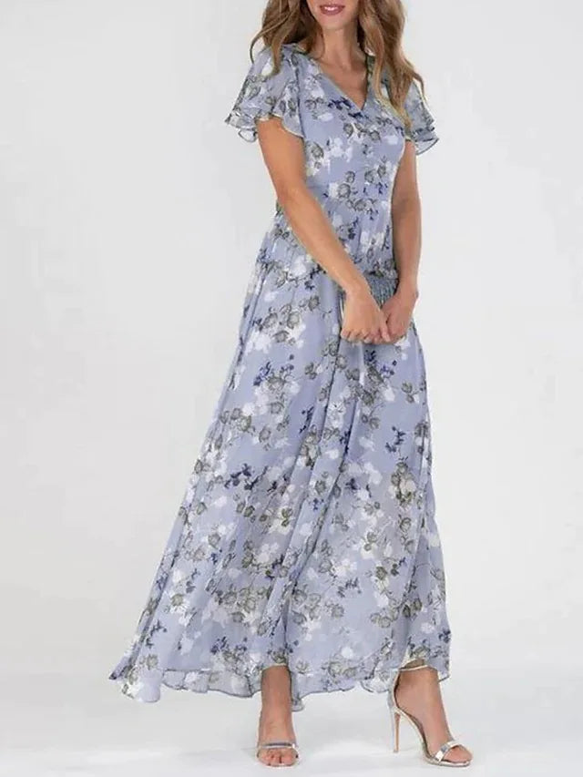 Floral V-Neck Flutter Sleeve Ruffle Maxi Dress 4